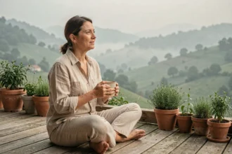 Femme détendue tenant une tasse de café sur une terrasse en bois avec vue sur une vallée brumeuse, illustrant le concept de slowcation