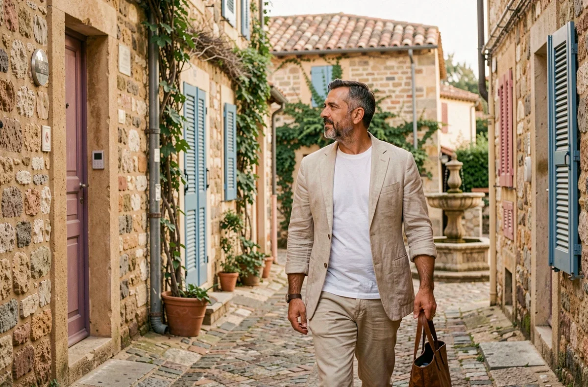 Homme se promenant sans se presser dans une ruelle pavée d'un village méditerranéen, symbolisant les voyages lents et le tourisme slow travel