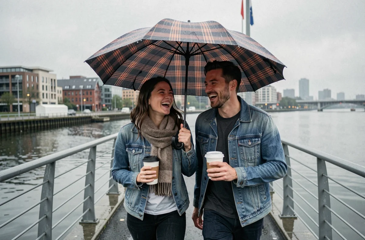 Deux amis riant sous un grand parapluie en traversant un pont sous la pluie en ville avec des cafés à emporter