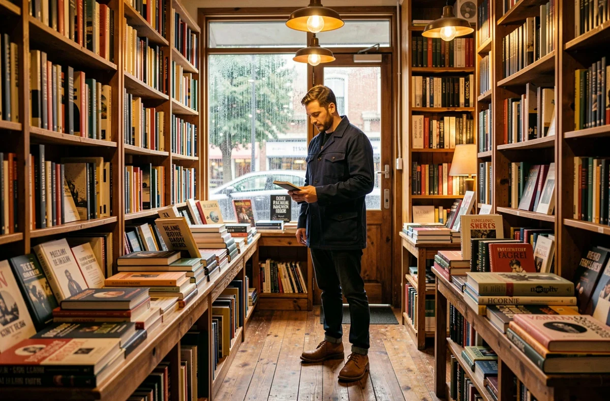 Homme feuilletant des livres dans une librairie indépendante chaleureuse par temps de pluie, vitrine mouillée en arrière-plan