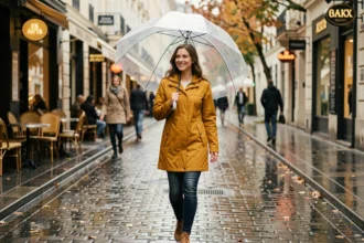 Femme souriante sous un parapluie bulle transparent lors d'une sortie sous la pluie en ville sur des pavés mouillés