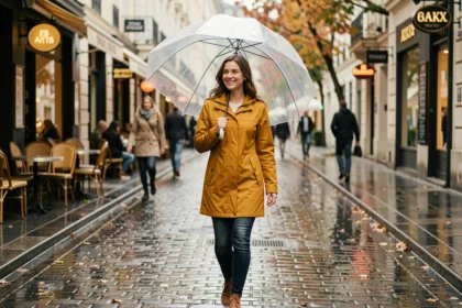 Femme souriante sous un parapluie bulle transparent lors d'une sortie sous la pluie en ville sur des pavés mouillés