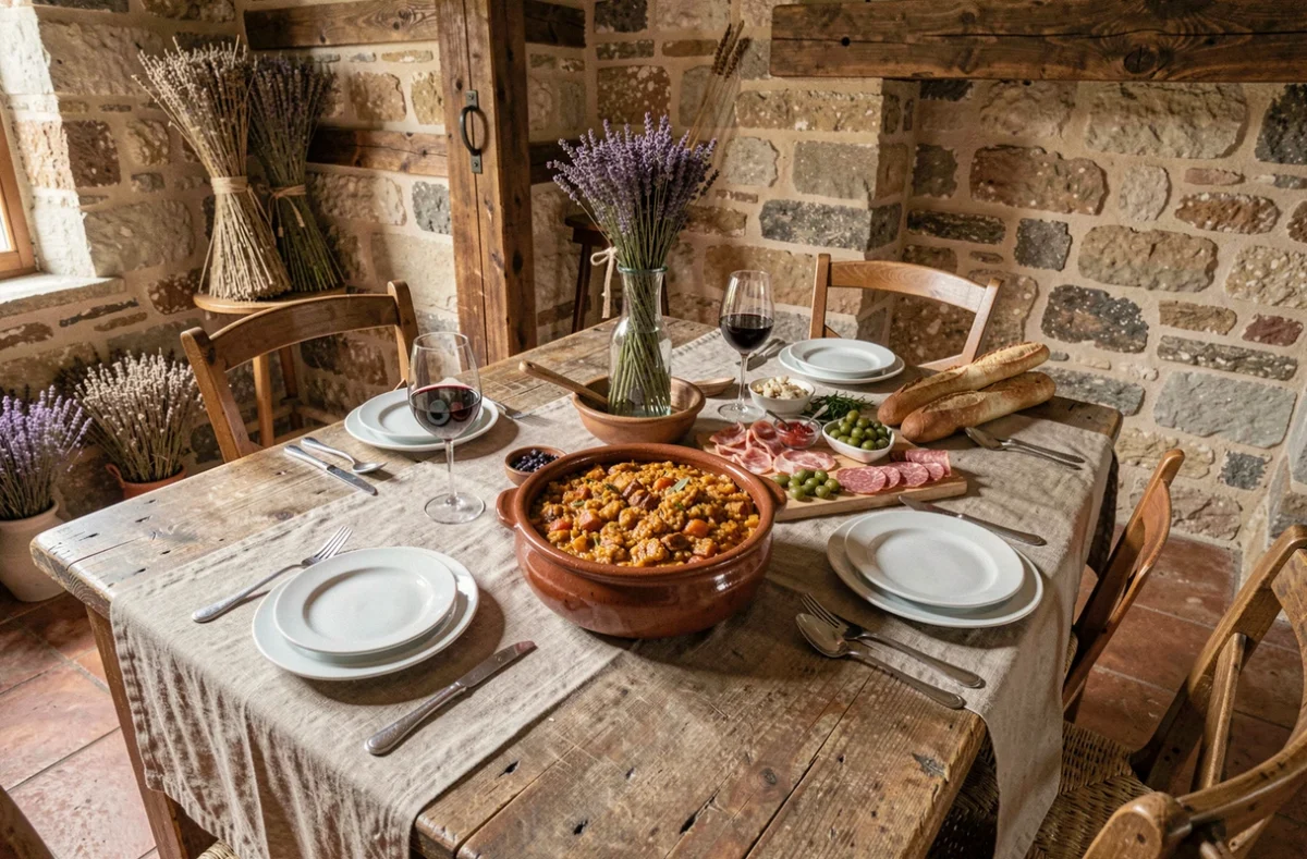 Table dressée avec des plats traditionnels français dans une ferme rustique en Provence, gastronomie du terroir