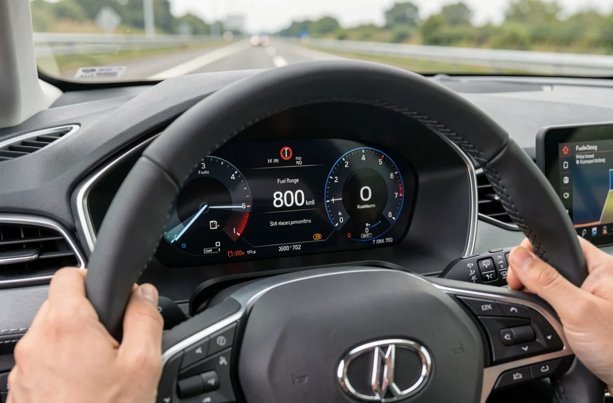 Tableau de bord d'un SUV hybride affichant une autonomie de plus de 800 kilomètres sur l'écran numérique du conducteur