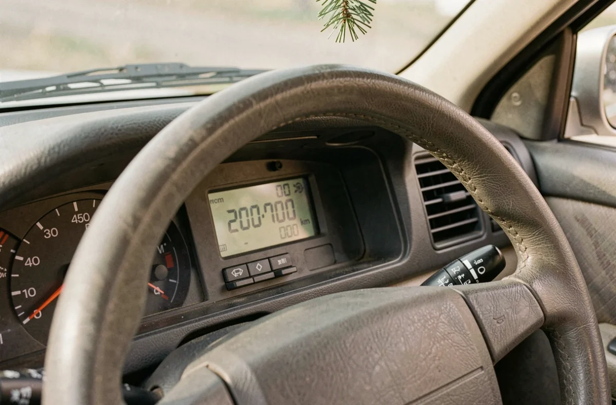Tableau de bord d'une voiture fiable affichant un kilométrage élevé de 200 000 km