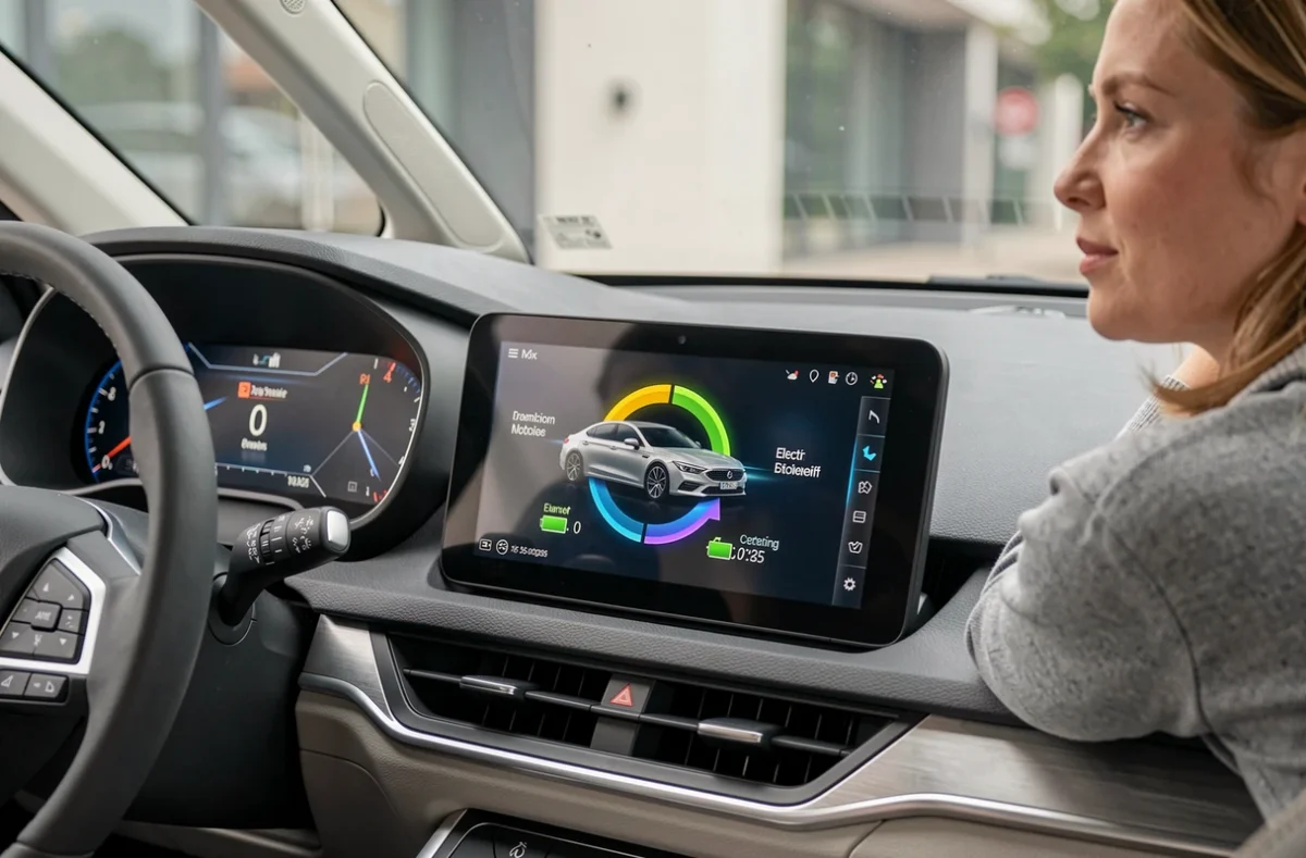 Tableau de bord d'une voiture hybride affichant le flux d'énergie et la recharge en conduite