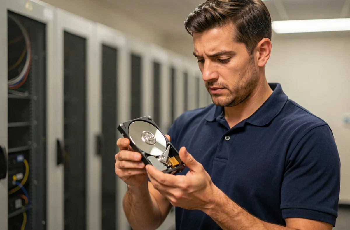 Technicien informatique tenant un disque dur interne dans une salle de serveurs professionnelle