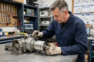 Technicien automobile inspectant un moteur électrique de voiture lors d'un diagnostic en atelier