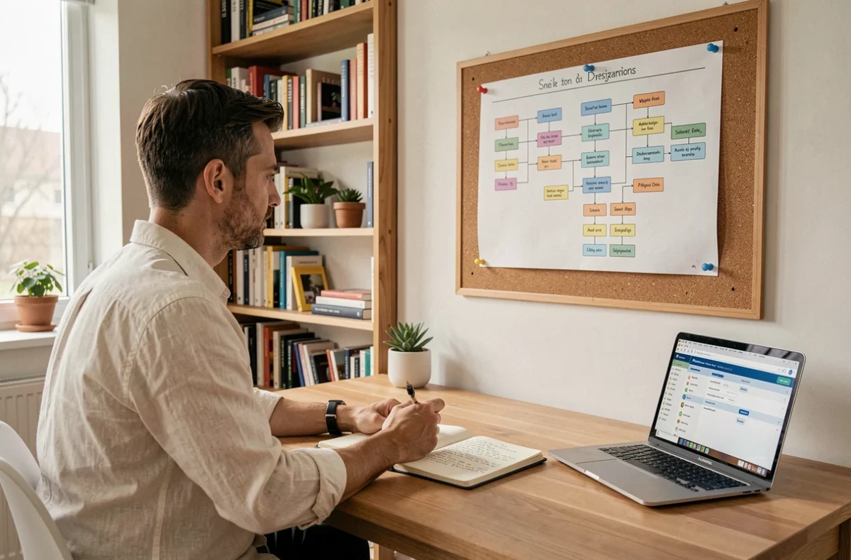 Professionnel en télétravail réfléchissant à la définition d'objectifs collaboratifs sur un tableau de bord projet