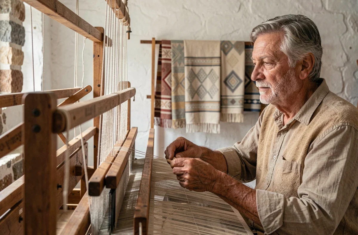 Vieux tisserand travaillant sur un métier à tisser en bois dans un atelier de tissage artisanal