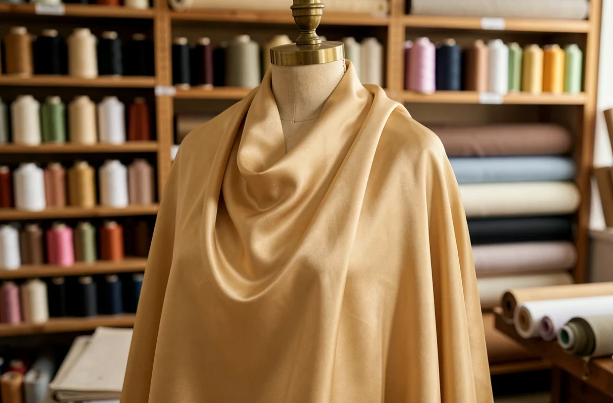 Tissu en soie dorée drapé sur un mannequin dans un atelier de couture, mettant en valeur la fluidité et le luxe de la soie