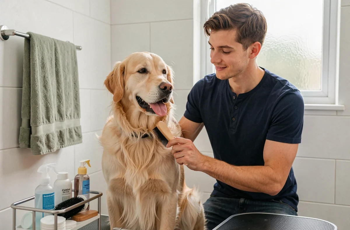 Homme brossant son golden retriever à domicile entouré d'accessoires de toilettage essentiels