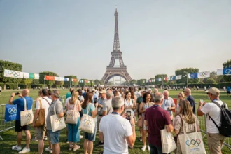 Foule de touristes internationaux rassemblés au pied de la Tour Eiffel pendant les Jeux Olympiques de Paris 2024