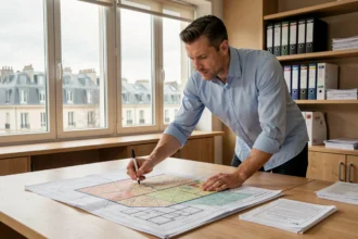 Urbaniste masculin analysant des cartes de zonage PLU sur un bureau dans un bureau municipal moderne