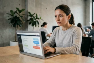 Femme assise devant un ordinateur portable affichant une interface de modèle de langage dans un bureau moderne, illustrant l'utilisation professionnelle des LLM