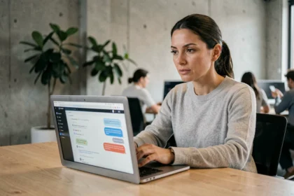 Femme assise devant un ordinateur portable affichant une interface de modèle de langage dans un bureau moderne, illustrant l'utilisation professionnelle des LLM