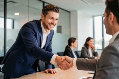 Commercial professionnel serrant la main d'un client lors d'une réunion d'affaires, illustrant les valeurs de confiance et d'intégrité dans la vente