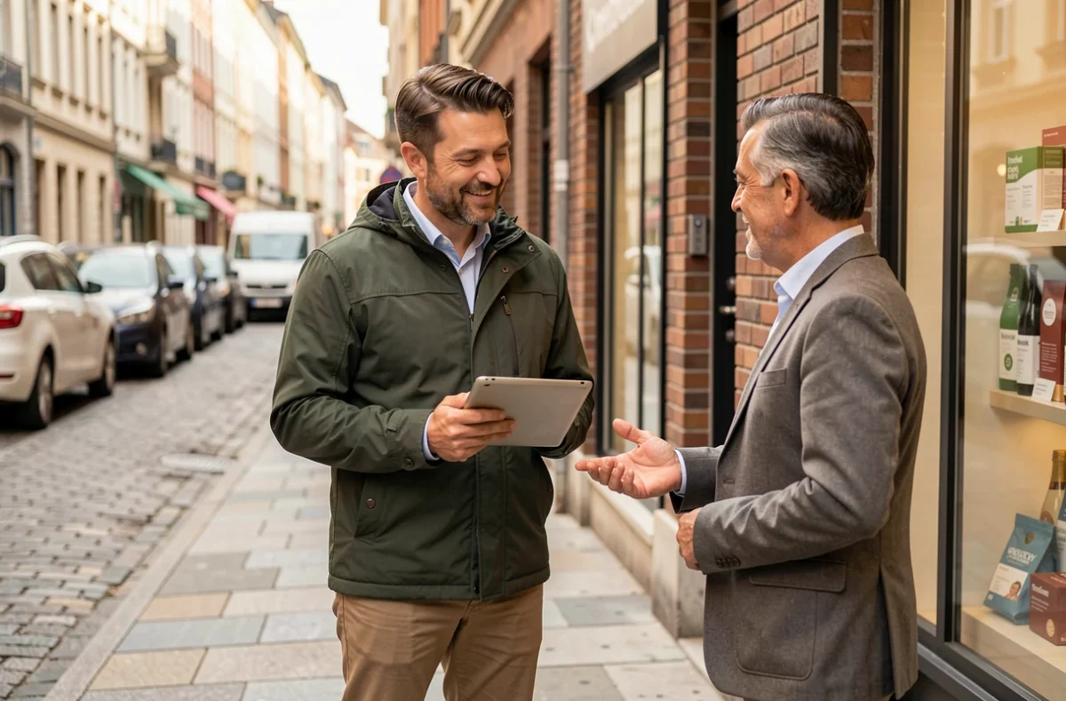 Commercial terrain présentant des produits à un client devant une boutique en ville, illustrant les valeurs de persévérance et de sens du service dans la vente
