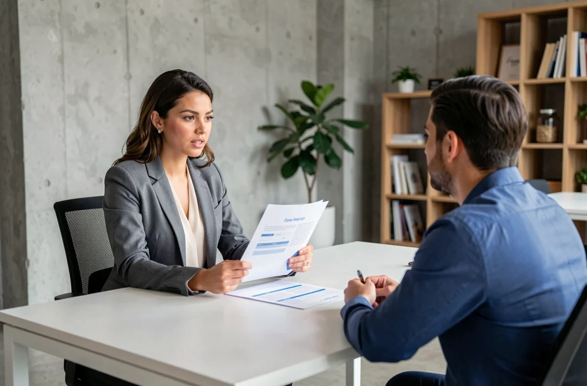 Commerciale concentrée analysant des documents avec un collègue dans un bureau moderne, symbolisant les valeurs de rigueur et d'écoute active dans le métier de commercial
