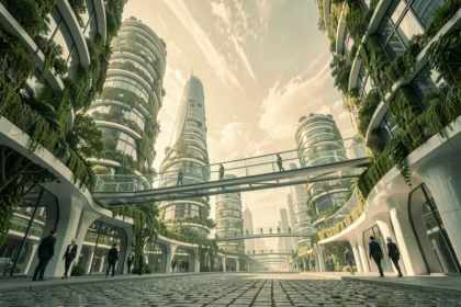 Vue grand angle d'une mégalopole futuriste en l'an 3000 avec des gratte-ciels recouverts de végétation et des passerelles transparentes