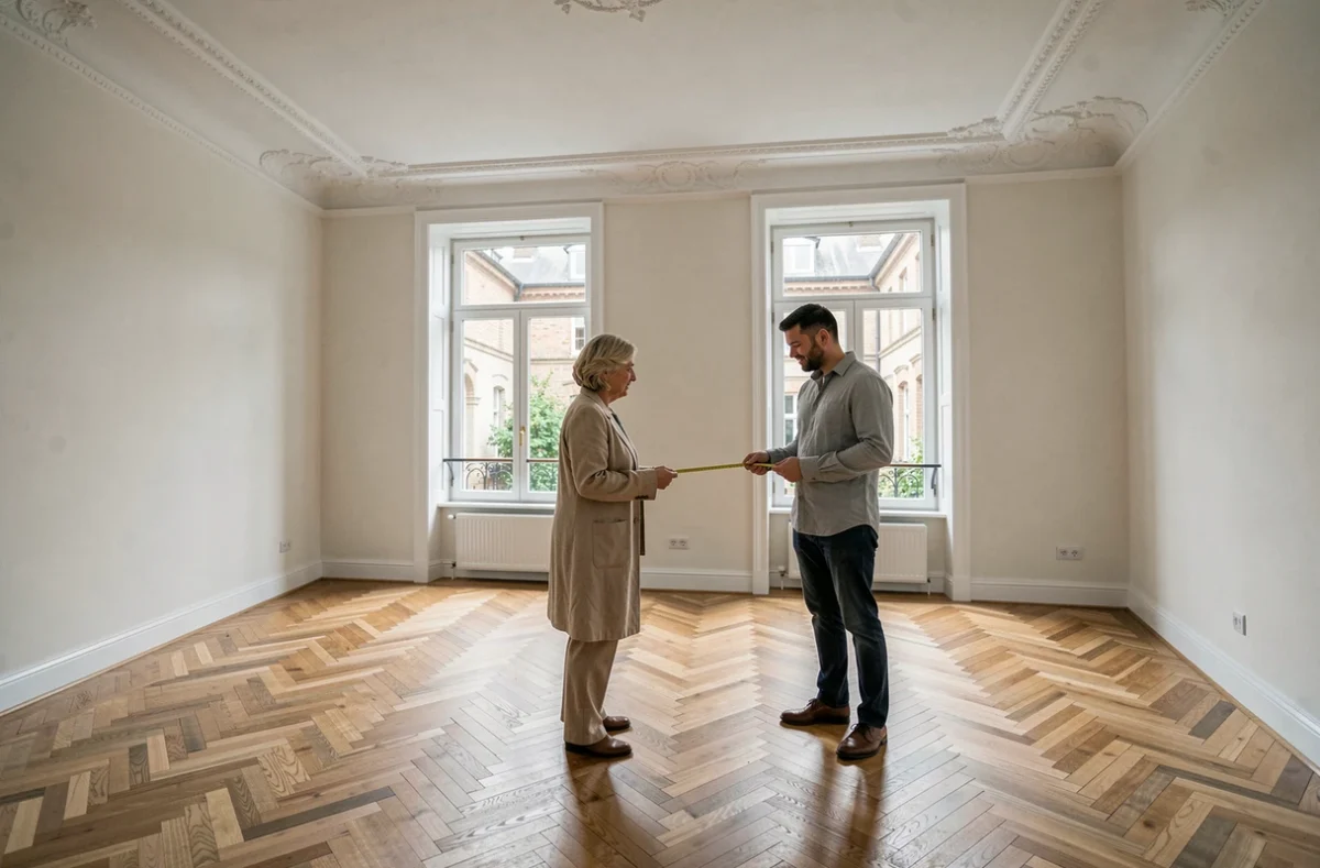 Expert immobilier et propriétaire mesurant l'intérieur d'un salon lors d'une visite d'évaluation gratuite d'une maison