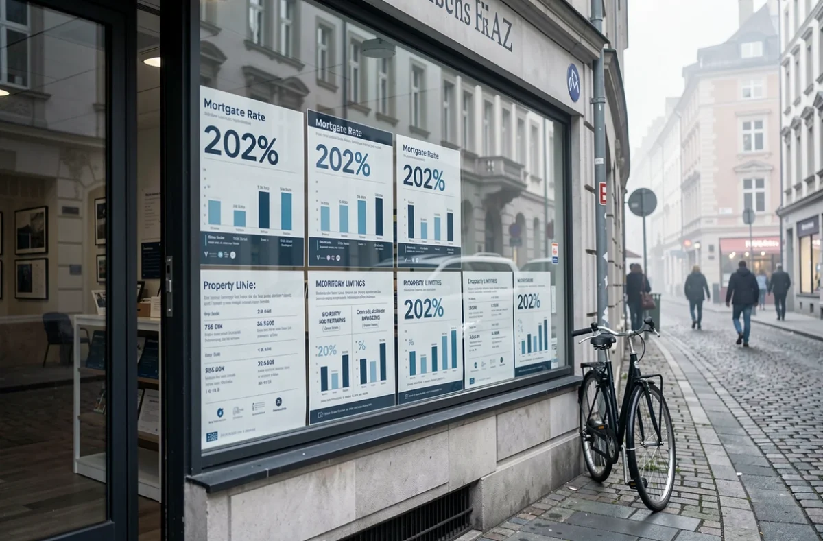 Vitrine d'agence immobilière présentant des graphiques sur les taux d'emprunt prévus pour 2026