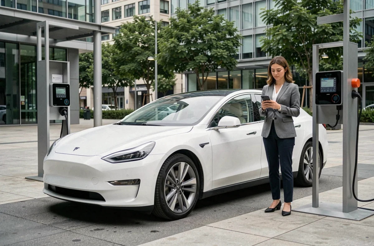 Voiture électrique moderne en train de se recharger en milieu urbain, symbole de l'évolution automobile contemporaine