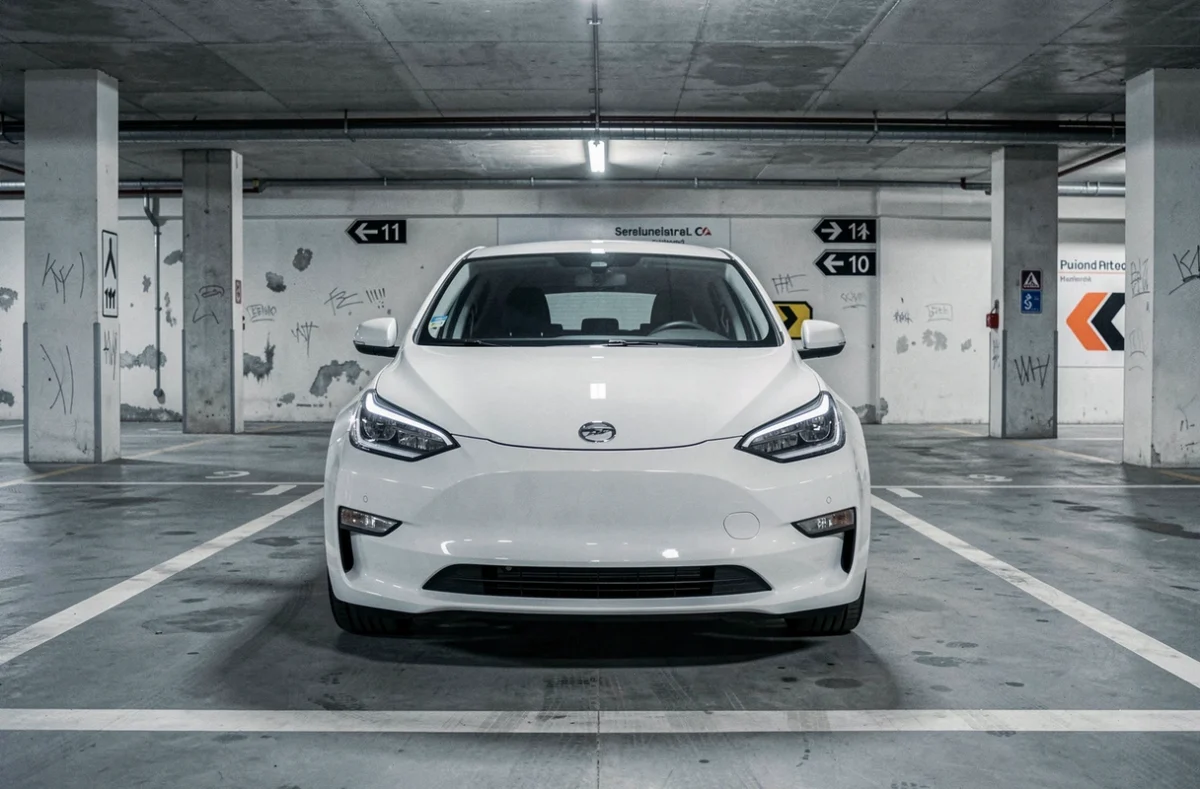 Voiture électrique blanche garée dans un parking souterrain en béton, représentant les modèles peu ciblés par les voleurs