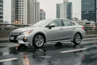 Voiture hybride rechargeable en roulant sur autoroute urbaine sous la pluie