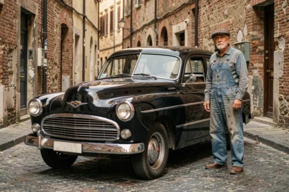 Voiture vintage des années 1950 garée dans une rue pavée européenne, illustrant les débuts de l'automobile