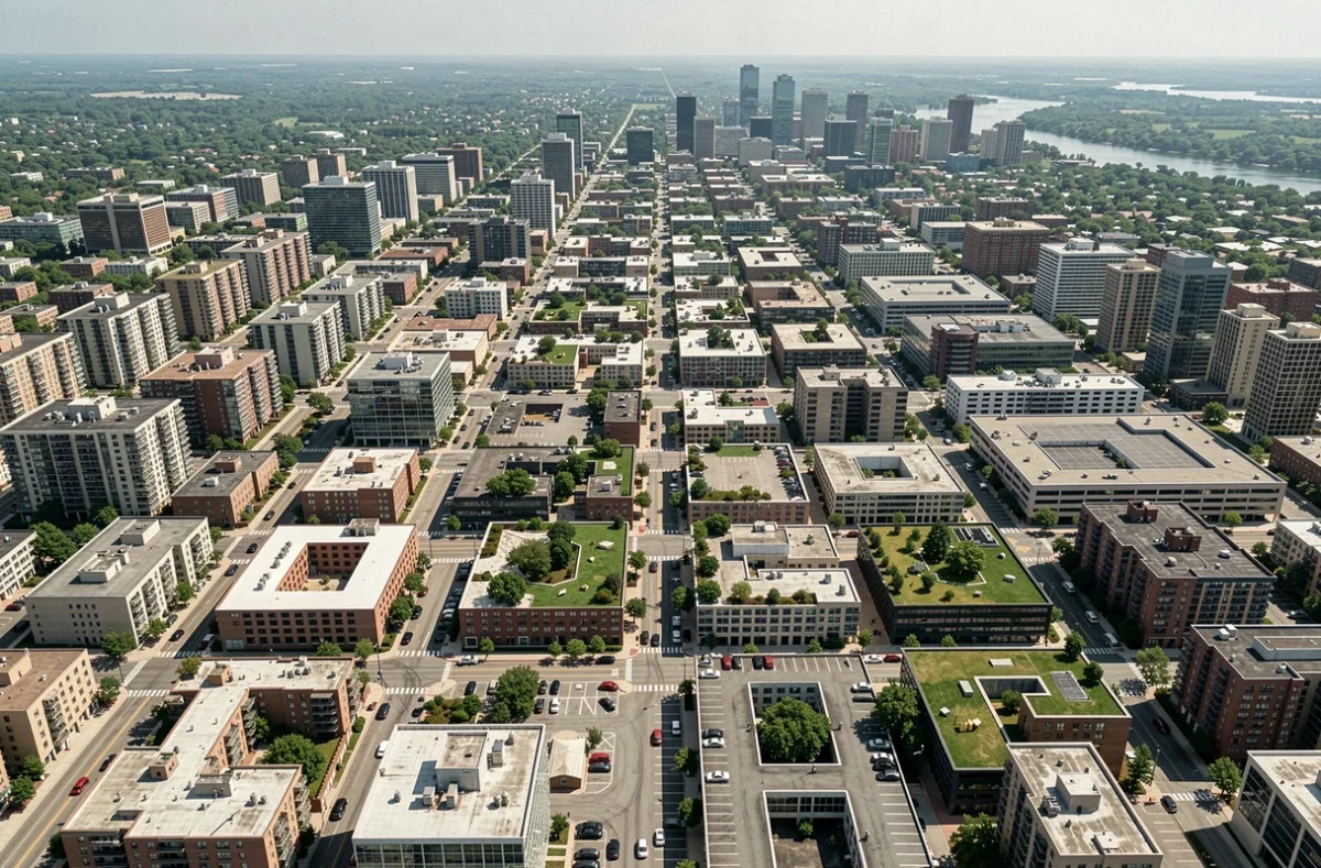 Vue aérienne d'un vaste ensemble immobilier urbain illustrant la concentration de propriétés foncières mondiales