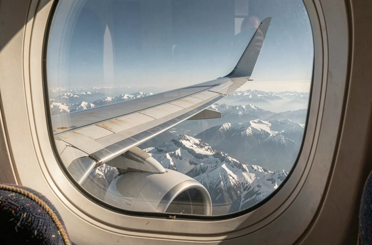 Vue depuis un hublot d'avion sur l'aile et le réacteur en plein vol au-dessus de montagnes enneigées